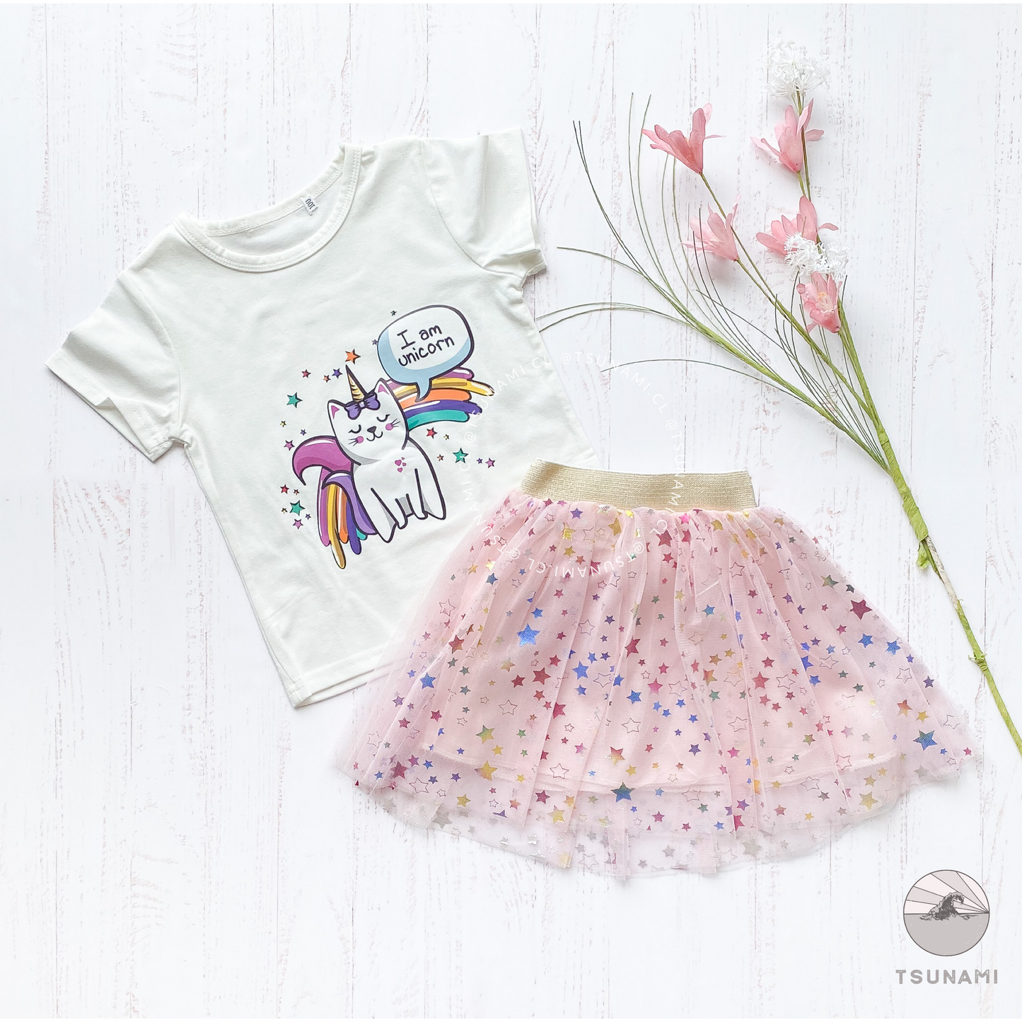 Conjunto polera unicornio y tutú con estrellas