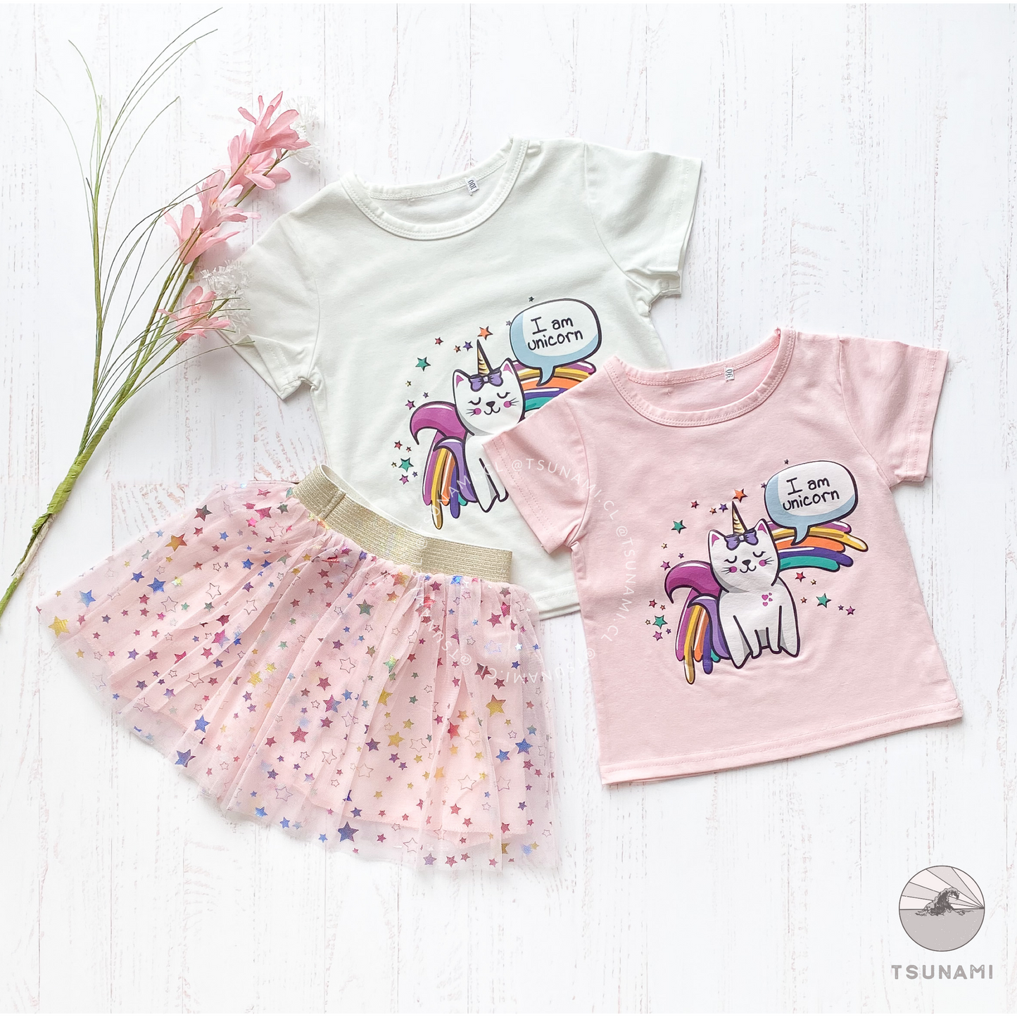 Conjunto polera unicornio y tutú con estrellas