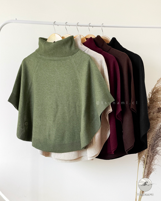 Poncho Suéter Roble | Poncho Cuello Alto con Botones