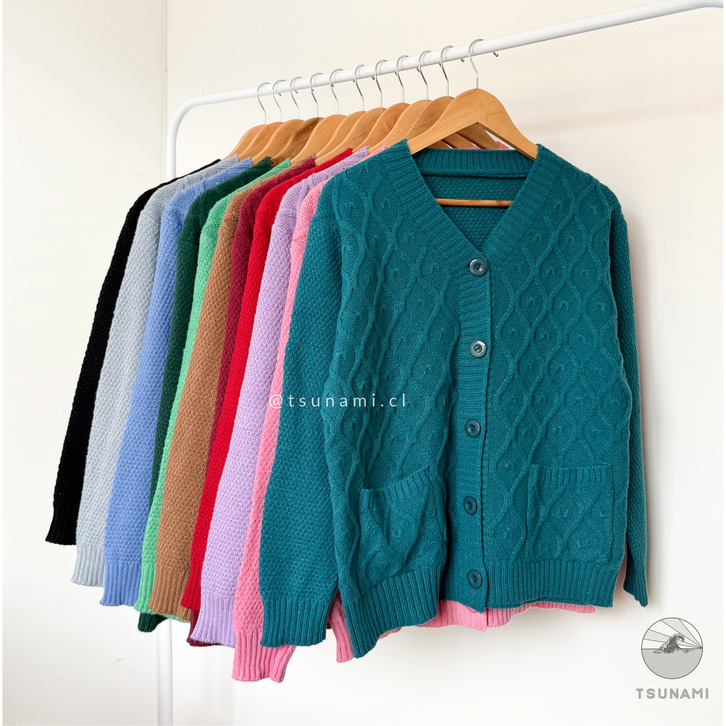 Cardigan tejido con bolsillos color calipso para invierno Tsunami Tendencia