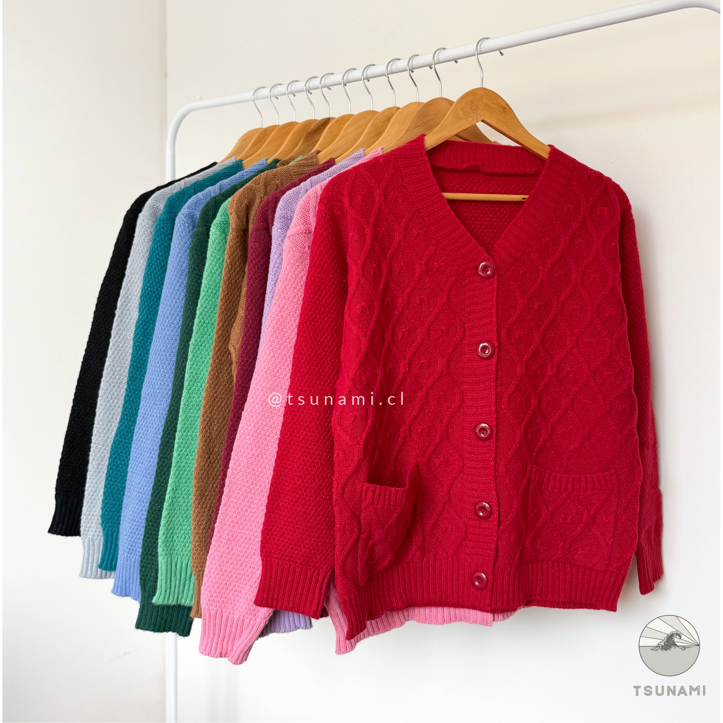Cardigan rojo tejido rombos con bolsillos, versátil para otoño invierno – ropa femenina Tsunami Tendencia
