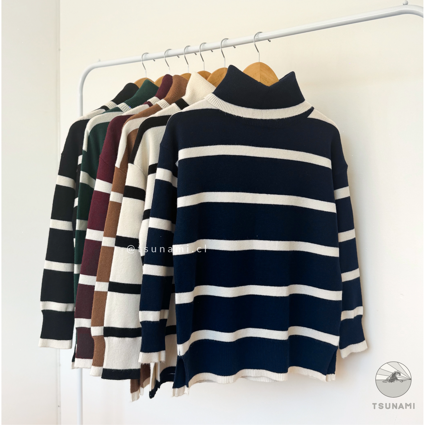 Suéter rayas azul marino cuello holgado mujer tejido suave medio grosor otoño invierno