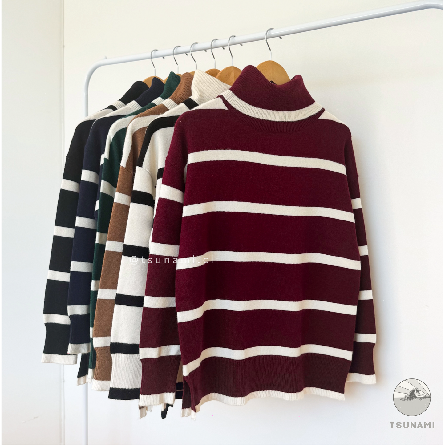 Suéter rayas burdeo cuello alto holgado tejido medio femenino mujer otoño invierno