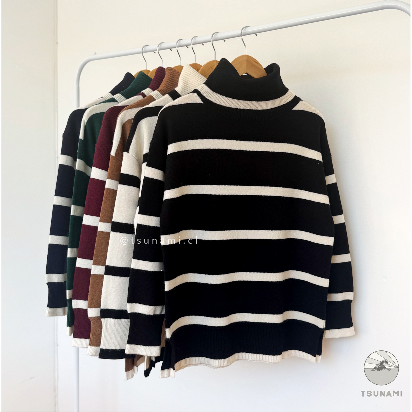 Suéter rayas negro con blanco cuello holgado tejido medio versátil mujer otoño invierno