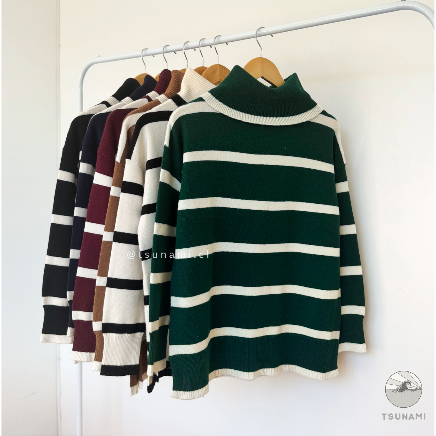 Suéter rayas verde oscuro cuello holgado mujer tejido ligero clásico otoño invierno