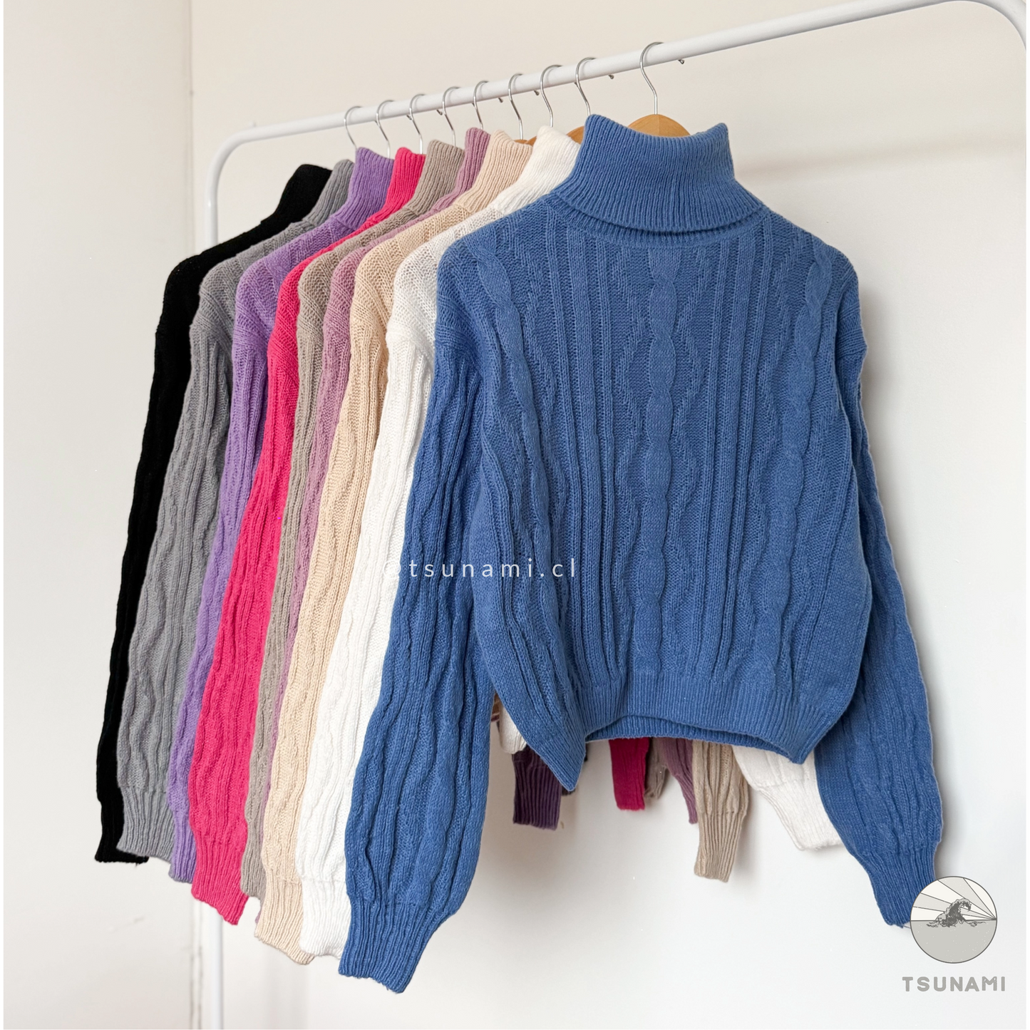 Suéter tejido cuello alto color azul, ropa femenina versátil para otoño invierno Tsunami Tendencia