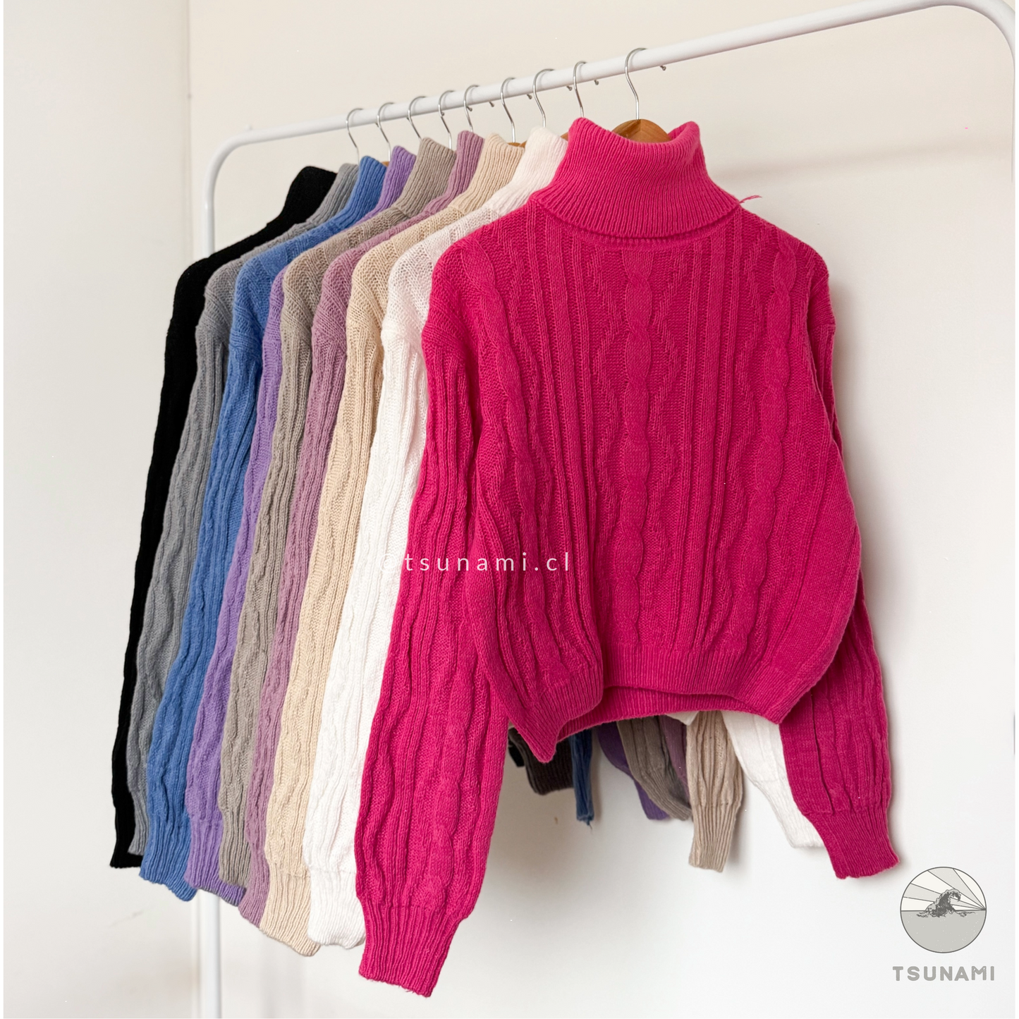 Suéter tejido cuello alto color fucsia, ropa femenina versátil para otoño invierno Tsunami Tendencia
