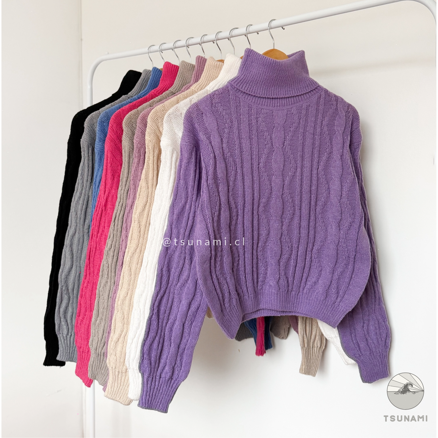 Suéter tejido cuello alto color morado, ropa femenina versátil para otoño invierno Tsunami Tendencia