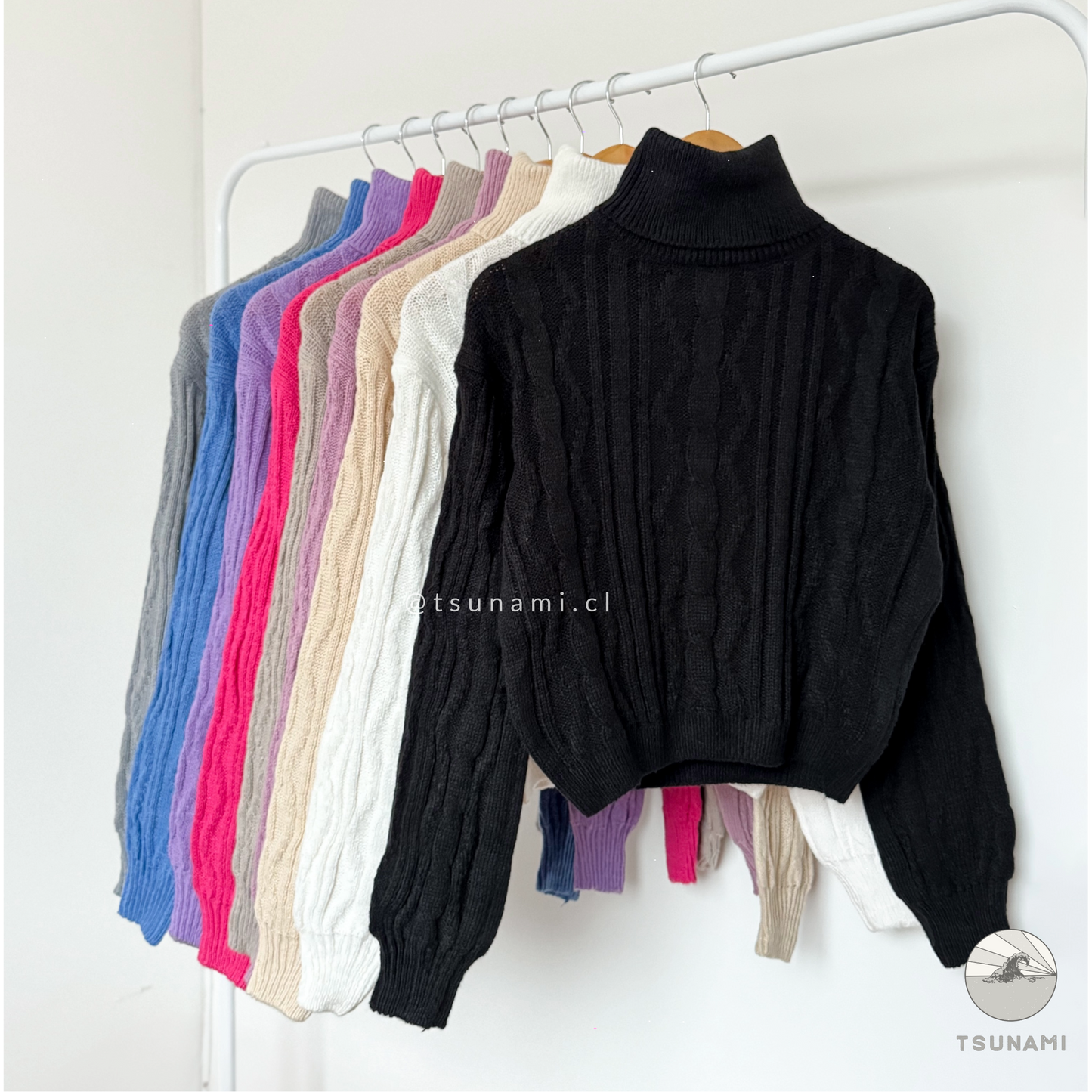 Suéter tejido trenzado cuello alto color negro, básico femenino para clima frío Tsunami Tendencia