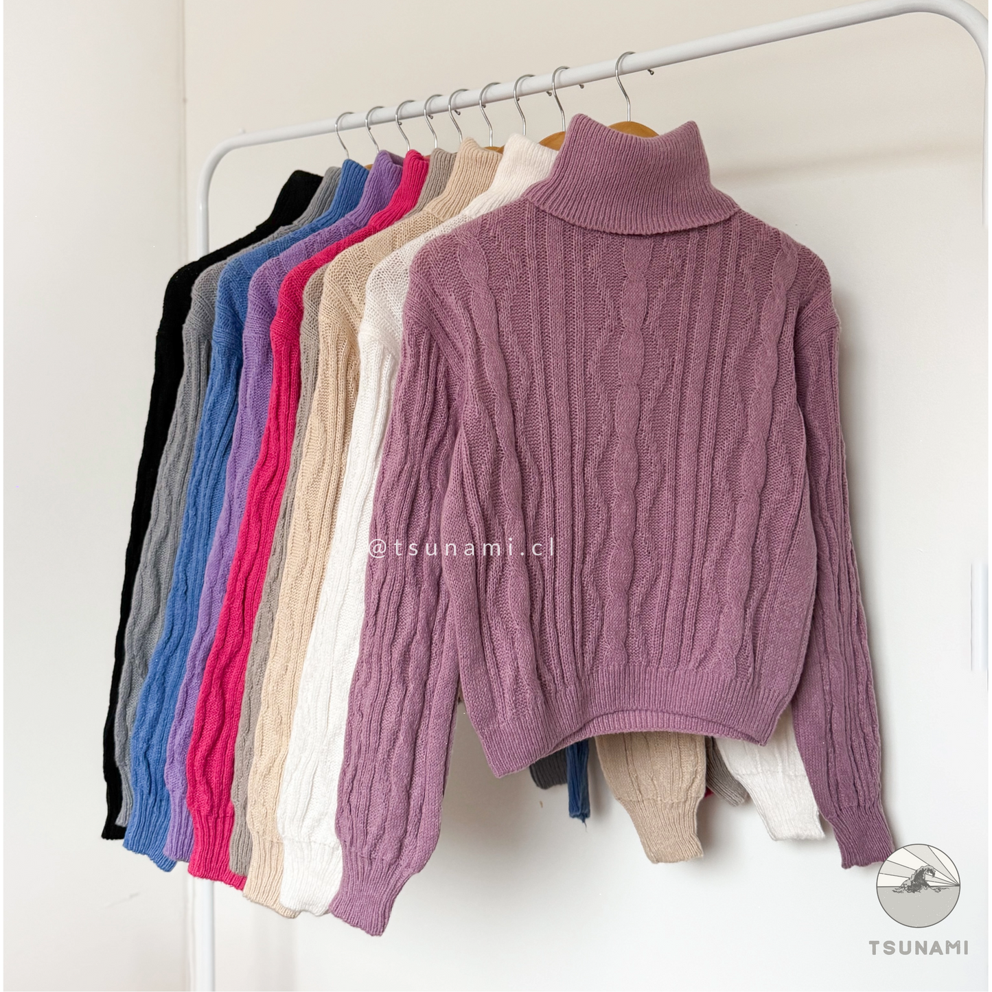 Suéter de punto cuello alto color rosado, clásico y cómodo para otoño invierno Tsunami Tendencia
