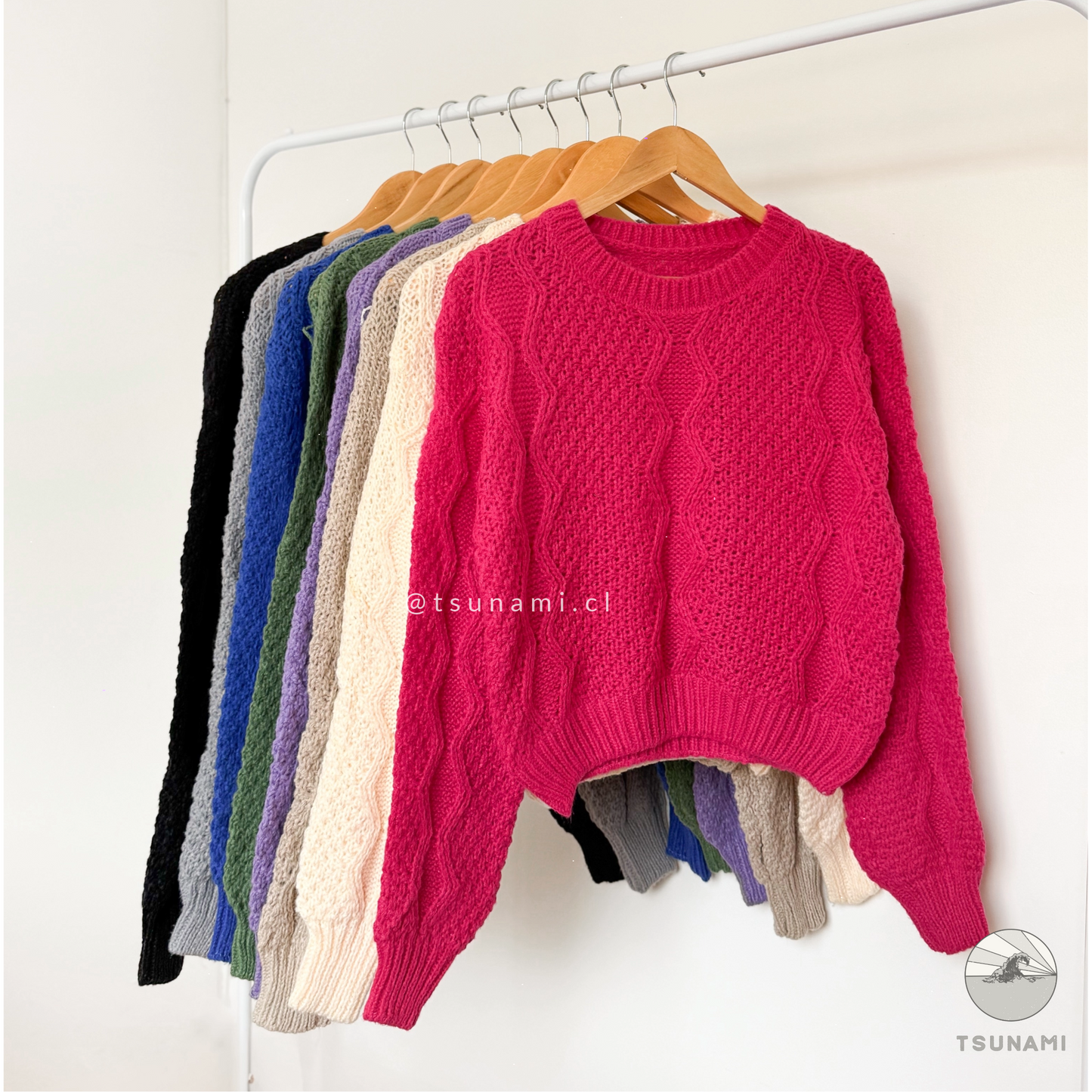 Sweater tejido fucsia con diseño en relieve - ropa cómoda y versátil otoño invierno Tsunami Tendencia
