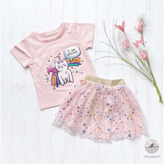 Conjunto polera unicornio y tutú con estrellas