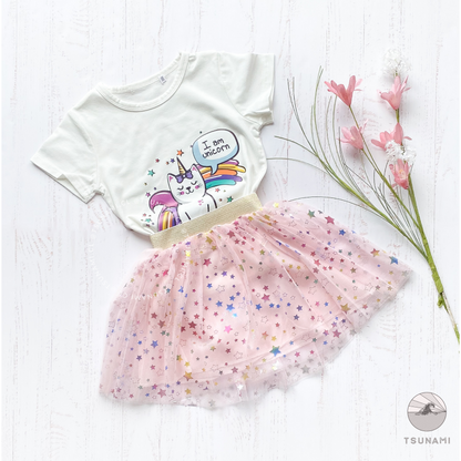 Conjunto polera unicornio y tutú con estrellas