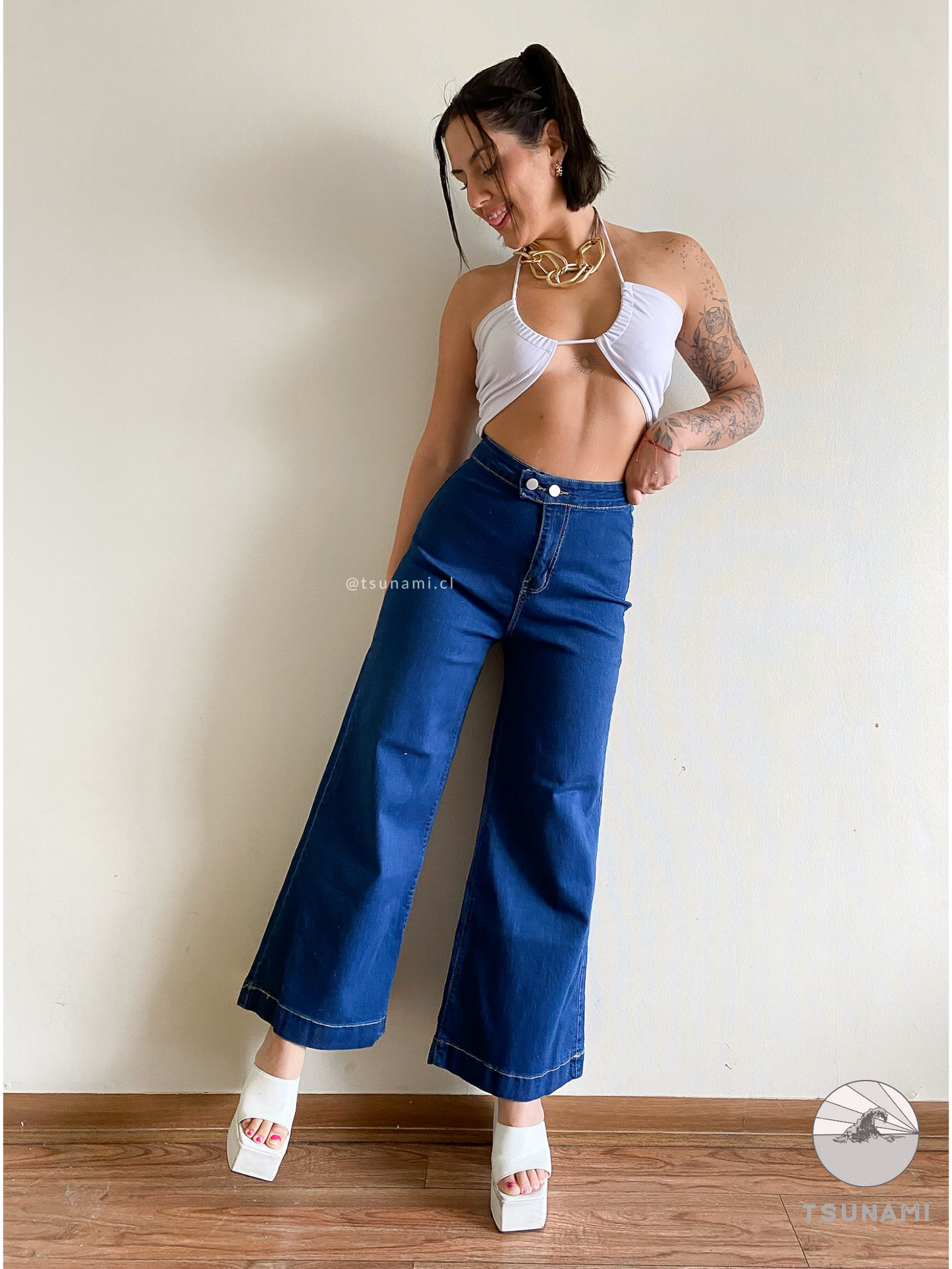 Jeans wide leg doble botón