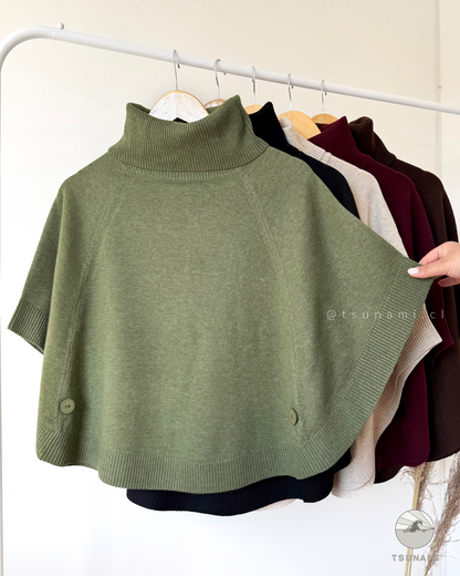Poncho Suéter Roble | Poncho Cuello Alto con Botones