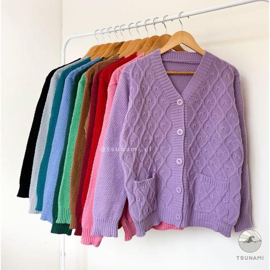 Cardigan tejido rombos morado con bolsillos, ideal para días frescos – ropa femenina versátil Tsunami Tendencia
