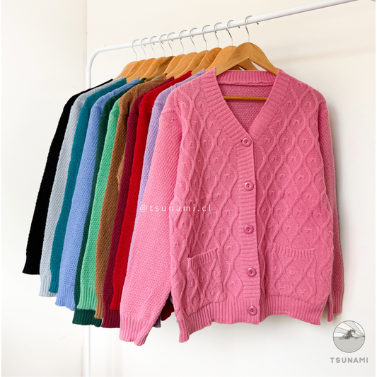 Cardigan tejido rombos rosado con bolsillos – ropa femenina cómoda para otoño Tsunami Tendencia