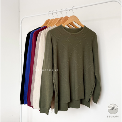 Suéter tejido liviano color verde con detalles en los costados, ropa femenina cómoda y versátil Tsunami Tendencia