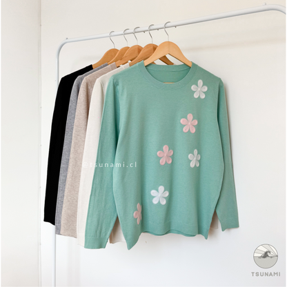 Suéter mujer gris con flores aplicadas, tejido delgado y suave para otoño invierno, cuello redondo versátil.