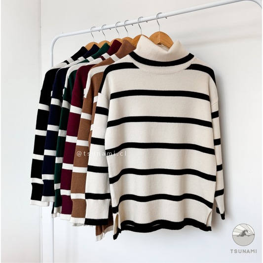 Suéter rayas blanco y negro cuello holgado tejido ligero cómodo mujer otoño invierno