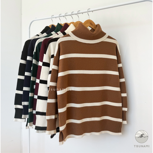 Suéter rayas camel cuello holgado tejido suave básico renovado mujer otoño invierno