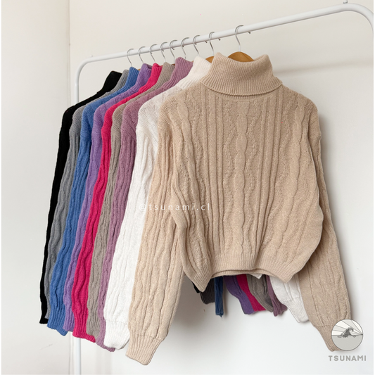 Suéter tejido trenzado cuello alto color beige, básico femenino para clima frío Tsunami Tendencia