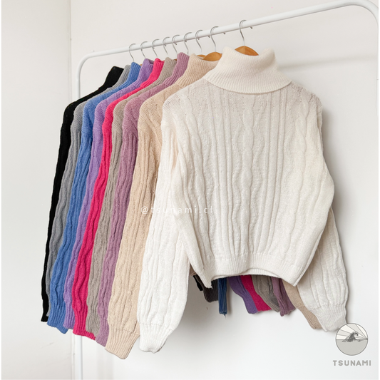 Suéter tejido trenzado cuello alto color blanco, básico femenino para clima frío Tsunami Tendencia