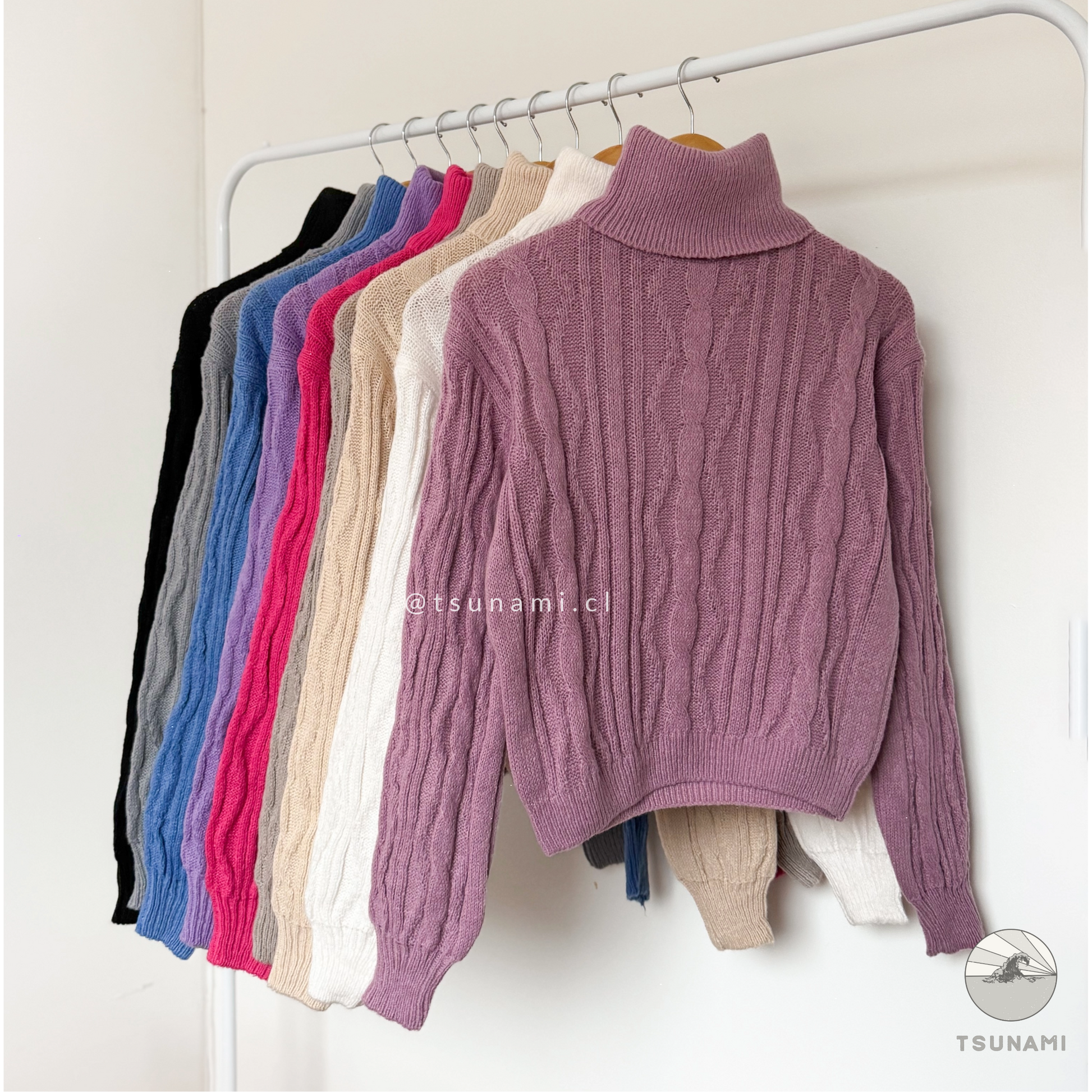 Suéter de punto cuello alto color rosado, clásico y cómodo para otoño invierno Tsunami Tendencia