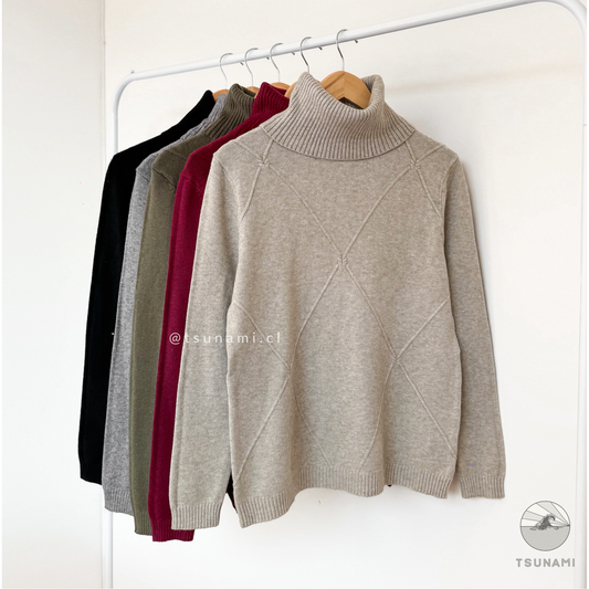 Suéter de grosor medio con diseño de rombos y cuello alto, ideal para otoño invierno