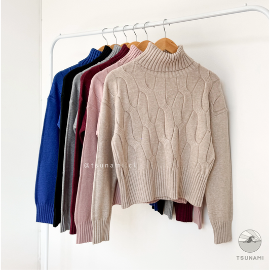 Suéter trenzado mujer beige cuello alto otoño invierno tejido suave y abrigador