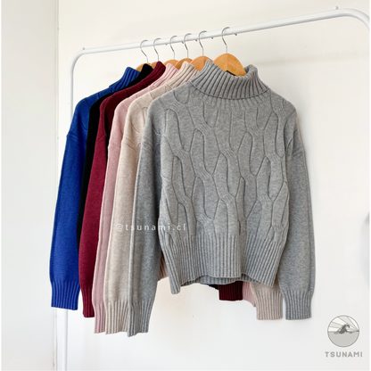 Suéter cuello alto mujer gris tejido trenzado medio grosor ideal otoño invierno