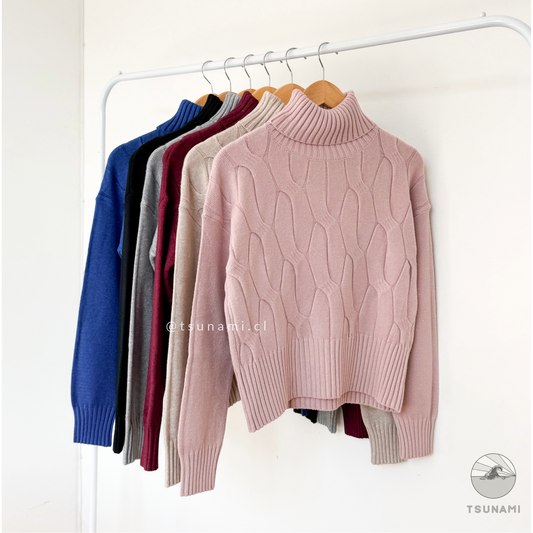 Suéter mujer rosado tejido trenzado cuello alto básico elegante otoño invierno